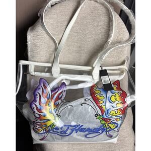 Ed Hardy Bag PURPLE BUTTERFLY Shoulder Large Tote Clear With Pouch NWT MSRP$159